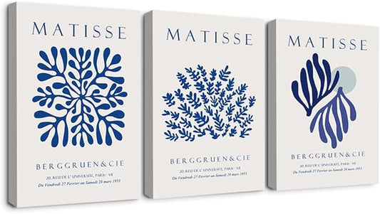 LUHDFYS Blue Matisse Canvas Wall Art Print,Abstract Matisse Wall Art Exhibition Posters Set of 3,Navy Blue Canvas Prints,Landscape Aesthetic Decor for Bedroom Bathroom Living Room Wrapped Canvas