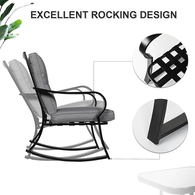 Oakcloud Oakmont Outdoor Furniture 3 Piece Conversation Bistro Set Rocking Chairs and Glass Top Table, Thick Cushions, Black Steel (Grey)