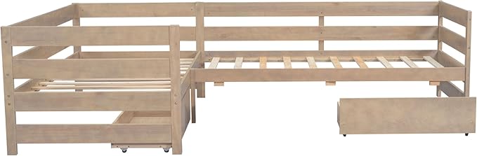 Twin Size L-Shaped Platform Bed for 2, Wood Kids Platform Bed Frame with 3 Storage Drawers and Guardrail for Boys Girls, Sturdy Slats Support (Natural-2.28)