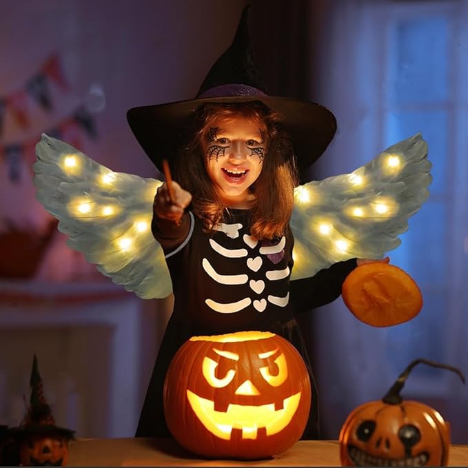 Angel Wings, Light Up Angel Wings and Halo with LED Lights, White Angel Wings Costume for Adult Women Kids Halloween Xmas