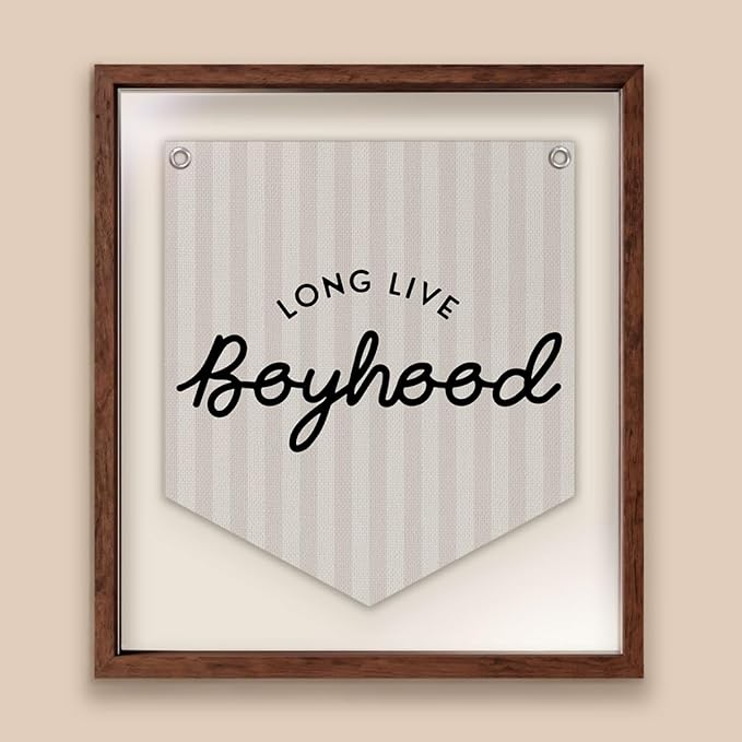 Lacama Long Live Boyhood Linen Banner,Vintage Boy Room Toddler Decor,Boy Bedroom Wall Hanging Banner Pennant Flag Decor for Nursery Playroom,12.4x14 in(Neutral Stripe)