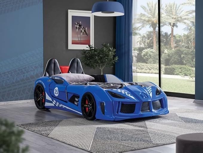 MASARA Race Car Twin Bed with LED Lights, Music Player, Magnetic Doors (Blue)