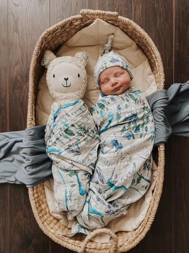 Miaoberry Mountain Baby Organic Muslin Swaddle Blankets for Baby Boy with Hat and Wooden Hello World Newborn Sign, Adventure Forest Theme, Newborn Photography Outfits Boy, Birth Announcement Sign
