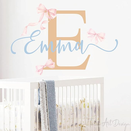 Custom Name & Color Pink Bow Wall Decal for Girls Bedroom - Personalized Nursery Wall Art, Removable Vinyl Name Sticker for Kids Room Decor