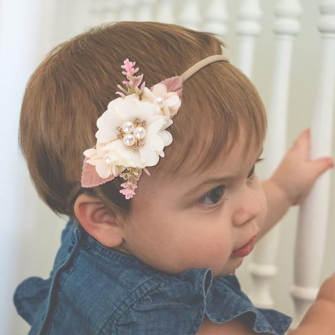Baby Girl Floral Headbands- 3pcs Nylon Headband Handmade Flower Crown Elastic Hairband Newborn Toddler Hair Accessories Gifts for Girls （1-6 years old）