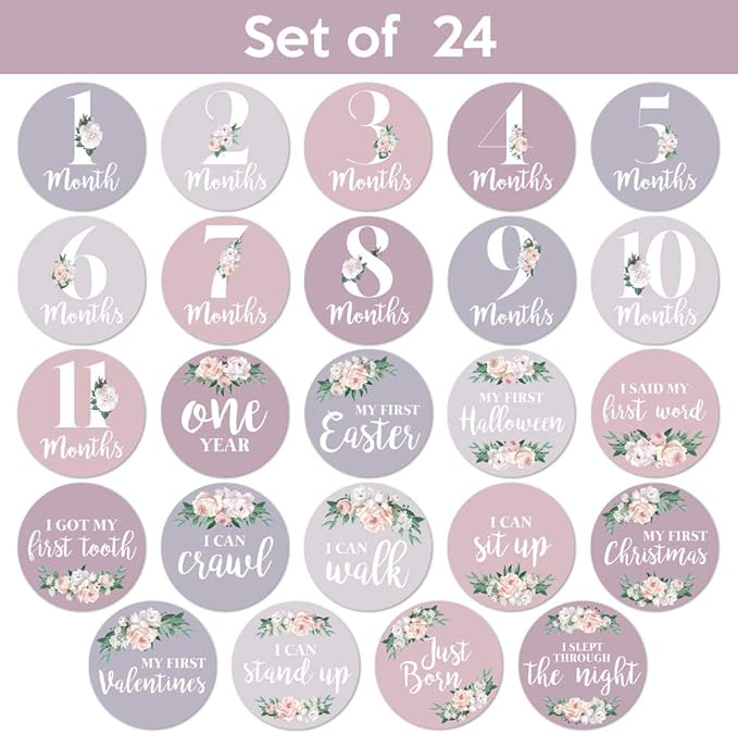 Baby Monthly Stickers - Set of 24 - Floral Baby Girl Milestone Stickers - Perfect for Newborn Girls - Month to Month Milestones - Purple Mauve Floral Design (Set of 24)