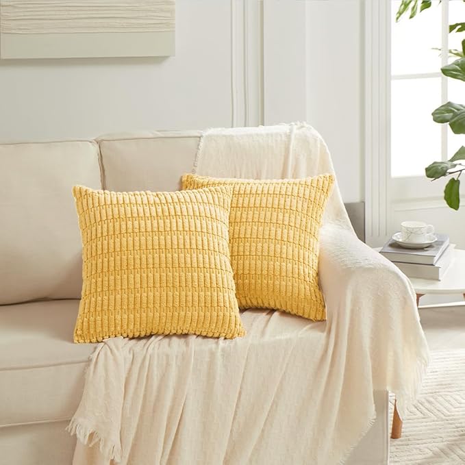 Fancy Homi 2 Packs Yellow Decorative Throw Pillow Covers 18x18 Inch for Living Room Couch Bed Sofa, Rustic Farmhouse Boho Home Decor, Soft Striped Corduroy Square Cushion Case 45x45 cm