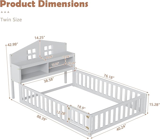 mikibama Twin Floor Bed for Kids, Wooden Montessori Bed Frame with Headboard Bookcase, Storage Shelves & Safety Fence Rails, Kids Floor Bed Frame with Door for Girls, Boys, White