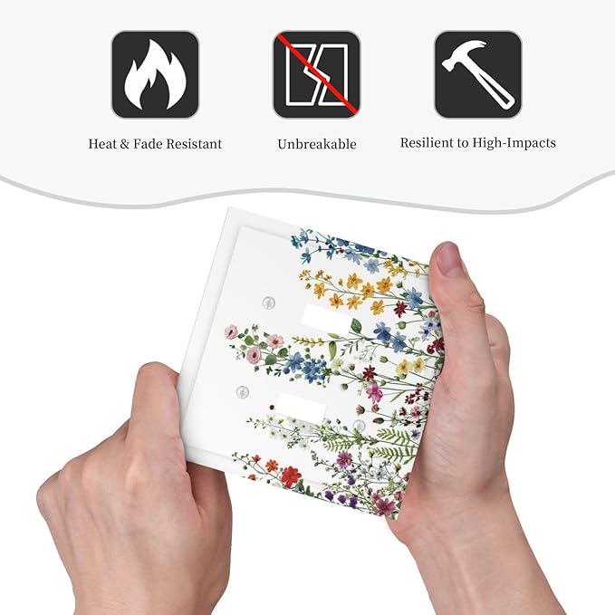 Decorative Light Switch Cover Plate Colorful Wildflowers Plants Flowers on White Background 2 Gang Switch Plate Covers Double Toggle Wall Plates Electrical Faceplate for Bathroom Home Decor