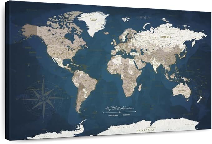ElephantStock - My World Adventures Push Pin Travel Map I Wall Art - Horizontal Canvas Wall Art - Living Room Wall Decor - Printmaking Map Canvas Art - Blue And Beige Decor - 39" x 26"