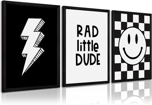 Boys Room Wall Art Decor Toddler Nursery Canvas Wall Art Baby Kids Wall Decor Black Checkered Smiley Poster Pictures Retro Playroom Rad Little Dud Art Prints for Bedroom 12x16x3 Inch Wood Framed
