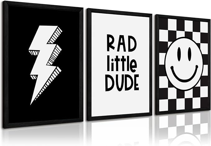 Boys Room Wall Art Decor Toddler Nursery Canvas Wall Art Baby Kids Wall Decor Black Checkered Smiley Poster Pictures Retro Playroom Rad Little Dud Art Prints for Bedroom 16x24x3 Inch Wood Framed