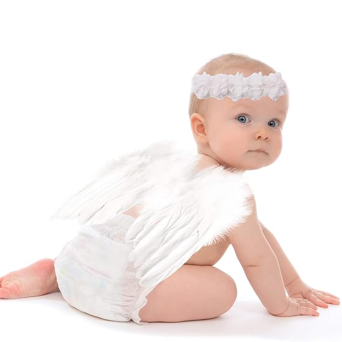2PCS White Angel Wings With Flower Headband For Newborn Infant Photography Props Soft Fairy Feather Wings For Toddlers Kids Girls Gifts(Color B, One Size)