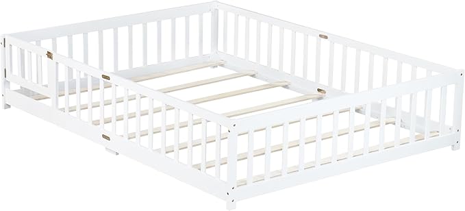 Queen Size Floor Bed with Fence and Door,Easy to Assemble Wood Bedstead,Platform Bed w/Safety Guardrails/Near The Ground,White