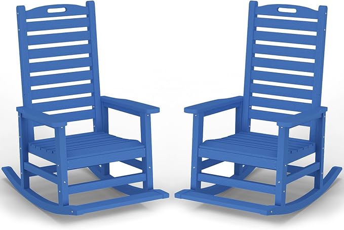 Outdoor Rocking Chair Set of 2 with Removable Footboard for Adults, HDPE High Back Patio Rocking Chairs, 330lbs All Weather Porch Rocking Chairs for Outdoor & Indoor -Navy Blue