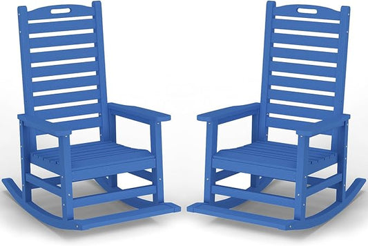 Outdoor Rocking Chair Set of 2 with Removable Footboard for Adults, HDPE High Back Patio Rocking Chairs, 330lbs All Weather Porch Rocking Chairs for Outdoor & Indoor -Navy Blue