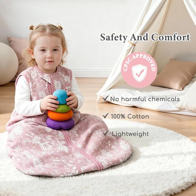 Baby Sleep Sack 6-12 Months 0.5 TOG, 100% Cotton Baby Wearable Blanket with 2-Way Zipper, Infant Toddler Sleeping Sack for Newborn Boys and Girls, Flowers & Leaves