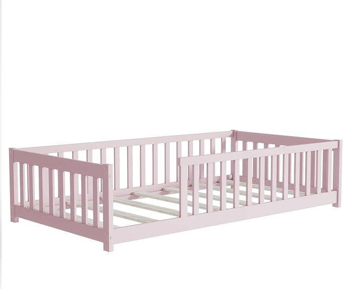 Ball & Cast Twin Size Montessori Floor Bed,Wooden Floor Bed Frame with Wood Slats,Montessori Toddler Bedframe W/Door and Safety Guardrails for Girls Boys,Bedroom,Playroom,No Box Spring Needed,Pink