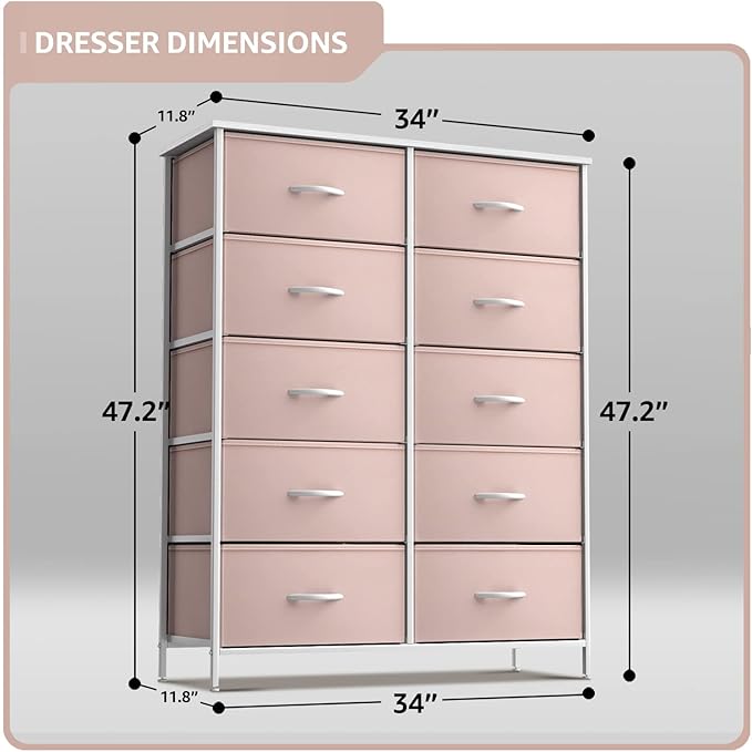 Sorbus Kids Dresser with 10 Drawers - Storage Unit Organizer Chest for Clothes - Bedroom, Kids Room, Nursery, & Closet (Pink, 34 x 12 x 47-10 Drawer)