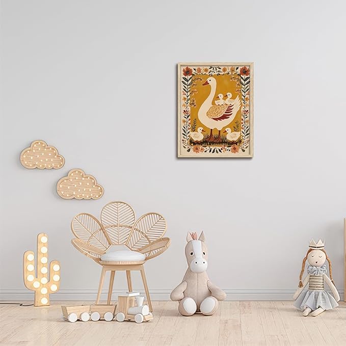 KISSFOX Framed Wall Art Nursery Wall Decor Yellow Duck Pictures Kids Cute Animal Canvas Art Boho Floral Paintings Artwork For Children Boys Girls Room Family Room