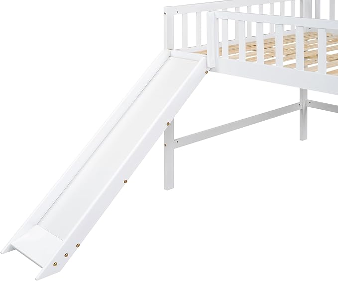 Flieks Full Size Low Loft Bed Frame for Boys Girls Kids Adults Toddler for Boys Girls Kids Adults Toddler with Ladder and Slide,White