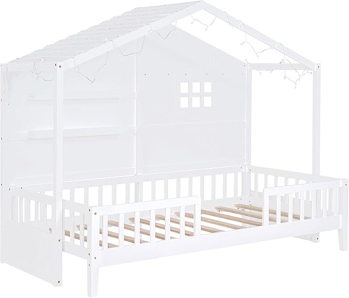 Merax Twin Size House Bed with Shelves, House Bed with Window and Sparkling Light Strip on The Roof, White