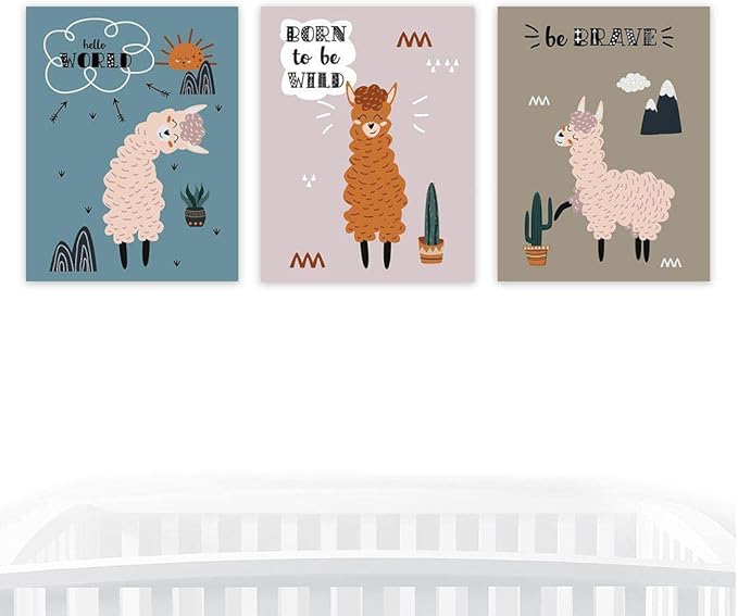 Andaz Press Nursery Kids Room Scandinavian Hello Llama Wall Art Decor Poster Prints, 8.5 x 11-inch, Scandinavian Hello World, Born To Be Wild, Be Brave Graphic, 3-Pack, Unframed