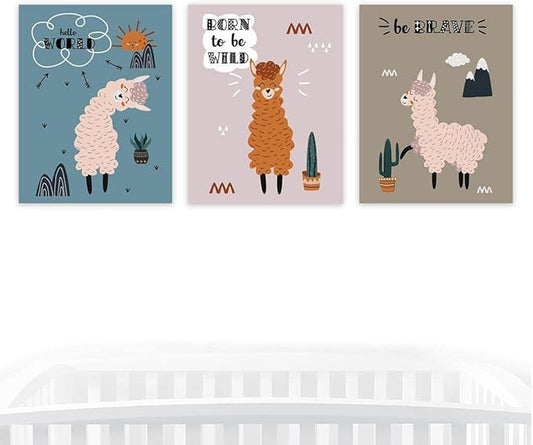 Andaz Press Nursery Kids Room Scandinavian Hello Llama Wall Art Decor Poster Prints, 8.5 x 11-inch, Scandinavian Hello World, Born To Be Wild, Be Brave Graphic, 3-Pack, Unframed