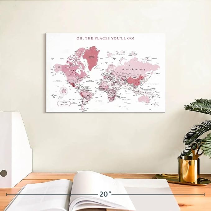 ElephantStock - Places You'll Go Push Pin World Map Wall Art - Horizontal Canvas Wall Art - Living Room Wall Decor - Digital Art Map Canvas Art - White And Pink Decor - 12" x 8"