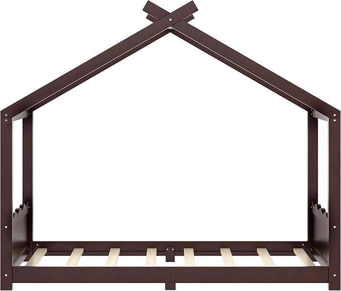 Twin Size Wooden House Floor Bed - Kids Bed Frame with Roof & Support Slats for Bedroom, No Box Spring Needed, Easy Assembly (Espresso)