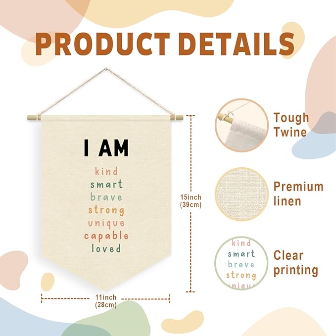 Affirmations Wall Hanging Art for Kids, Nursery Decor, I am Enough, Classroom Decor Canvas Banner, I am Kind Smart Loved, Kids Affirmations Nursery Wall Art Canvas Hanging Pennant Flag Banner