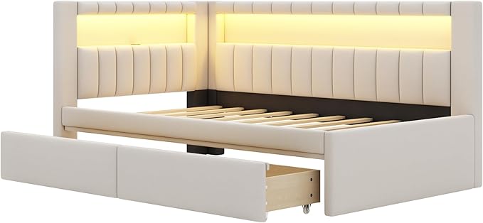 Twin Size Soft Daybed with Storage Drawers, Shelves and LED Belt, Linen Upholstered Corner Bed with L-Shaped Bookshelf Headboard and USB Charger for Kids Boys Girls, White