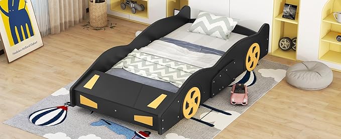 Twin Size Race Car-Shaped Platform Bed Bedframe with Wheels and Storage, 90.6" L * 40.3" W * 15,7" H Black+Yellow