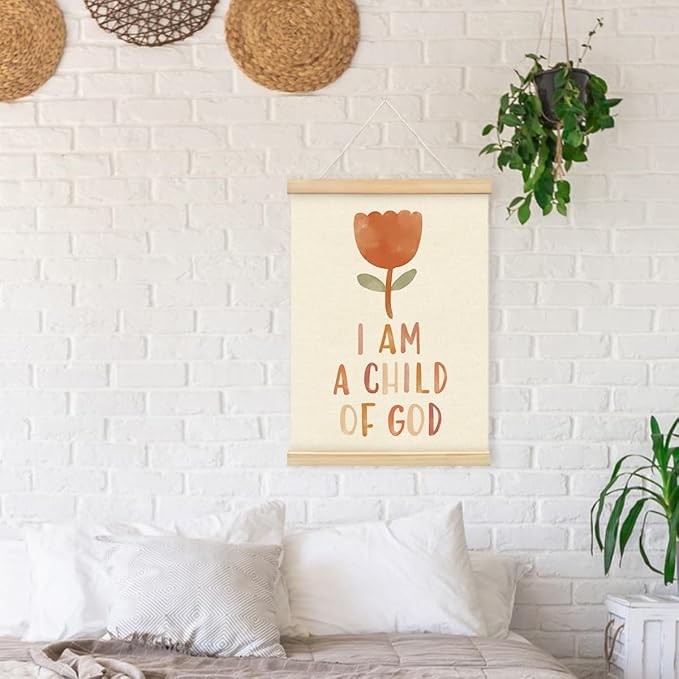 PLKMN Christian Nursery Wall Decor, I am a Child of God Wall Art with Wooden Poster Hanger, Boho Floral Christian Wall Decor for Nursery Kids Room Sunday School Preschool Classroom, 12x16 Inch