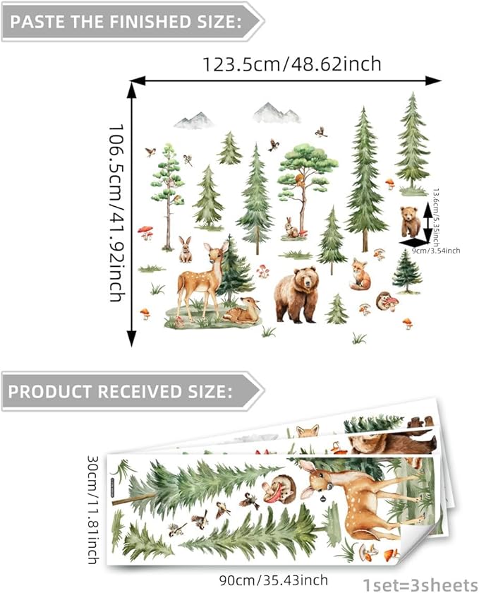 Forest Tree Wall Stickers for Kids Bedroom, Large Pine Tree Wall Art with Deer, Bear, Rabbit, Fox, Squirrel & Hedgehog, Wall Decals Peel and Stick Decal for Nursery Kids Room Décor