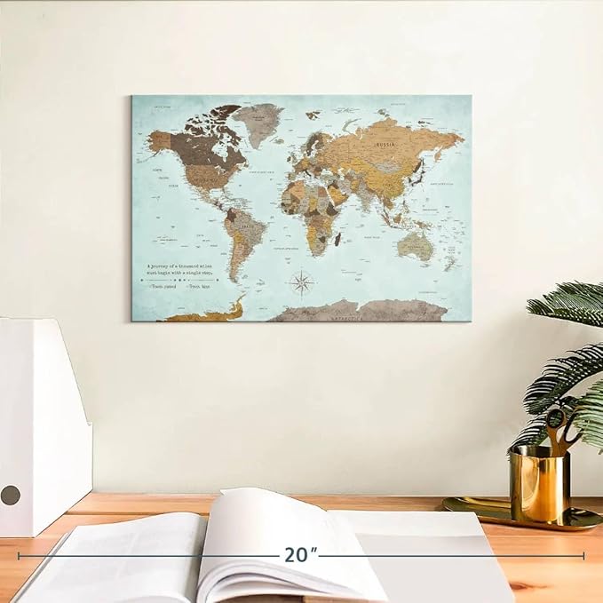 ElephantStock - A Thousand Miles World Push Pin Map Wall Art - Horizontal Canvas Wall Art - Living Room Wall Decor - Printmaking Map Canvas Art - Blue And Brown Decor - 12" x 8"