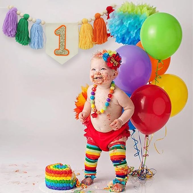 Handmade Light Rainbow 1st Birthday High Chair Banner Party Decoration for Girl Baby Colorful Wall Hangings Decoration Happy One Birthday Photoshoot Props Photo Props