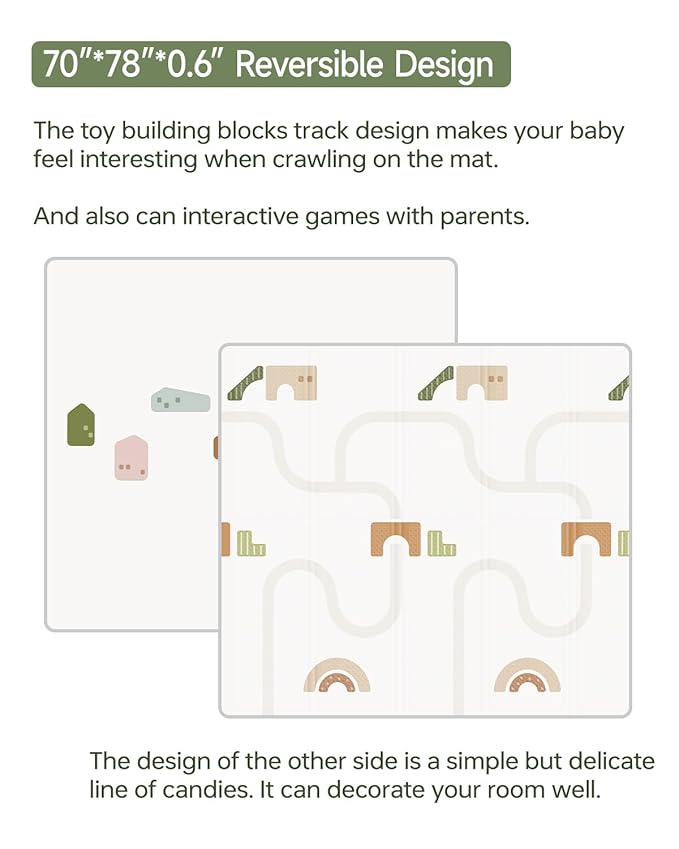 Baby Play Mat Foldable Baby Floor Play Mat 0.6" Thick Soft Foam Playmat for Babies Reversible Waterproof Padded Playmats Portable Baby Crawling Mat for Indoor Outdoor(70"*78"*0.6")