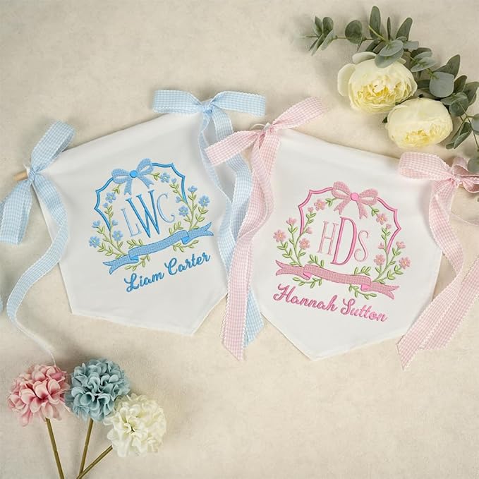 Embroidered Baby Name Sign with Bows Personalized Baby Announcement Sign Newborn Baby Banner Baby Hospital Name Sign Canvas Hanging Pennant Flag Custom Infant Baby Name Baby Shower Banner (12)