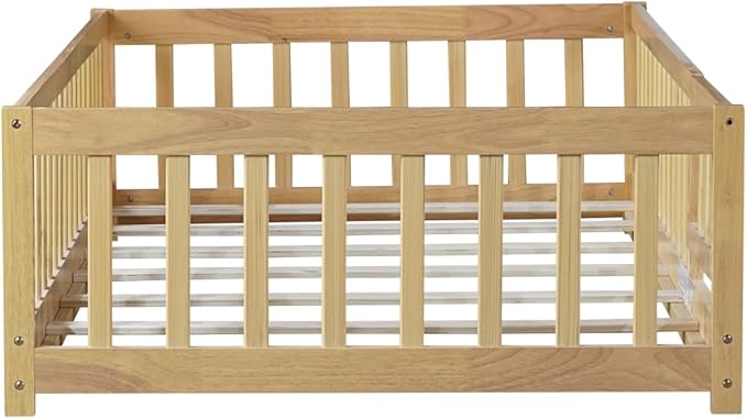 Bellemave Twin Size Floor Bed for Kids, Girls, Boys, Rubber Wood Floor Bed with slats and Door, Natural