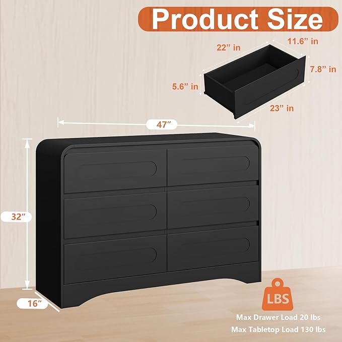 6 Drawer Dresser with Extendable Table, L-Shaped Desk Vanity Combo, 47" Wood Dresser & Chest of Drawers, Modern Closet Clothes Storage Dressers Organizer for Bedroom Living Room Hallway, Black