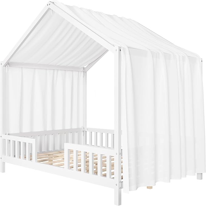Bellemave Full House BedFrame with Canopy, Montessori Floor Bed, House Bed with Rails for Kids, White