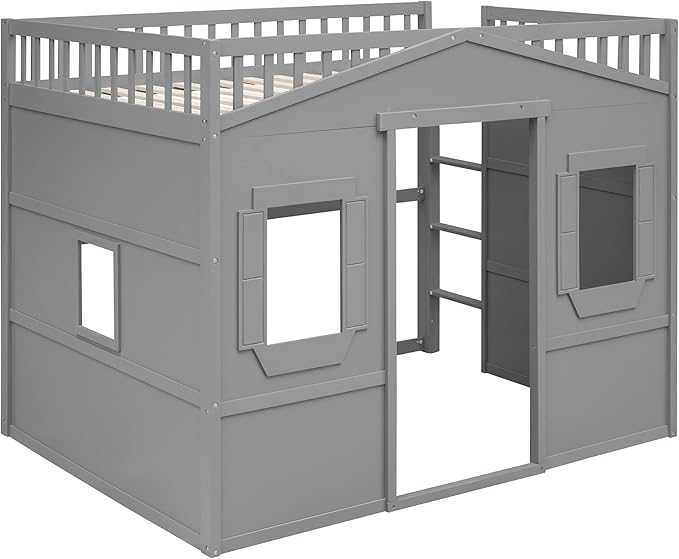 Full Size Loft Bed with Safety Guardrail for Kids Boys Girls, Playhouse Design Solid Wood Loft Bed Frame with Ladder and Windows, Strong Wood Slats Support, Space-Saving (Gray)