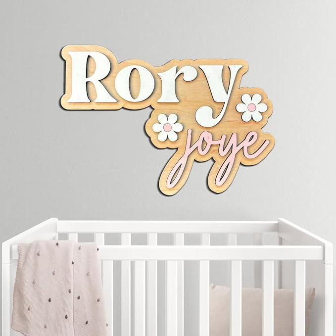 Personalized Nursery Name Sign, Custom Wooden Name Sign with Flowers, 3D Layered Wood Wall Decor for Baby Girl Room, Boho Floral Kids Room Name Plaque, 2 Layer /1