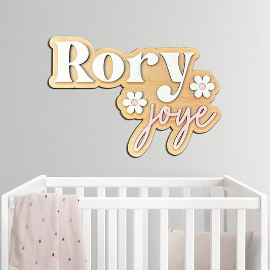 Personalized Nursery Name Sign, Custom Wooden Name Sign with Flowers, 3D Layered Wood Wall Decor for Baby Girl Room, Boho Floral Kids Room Name Plaque, 2 Layer /1
