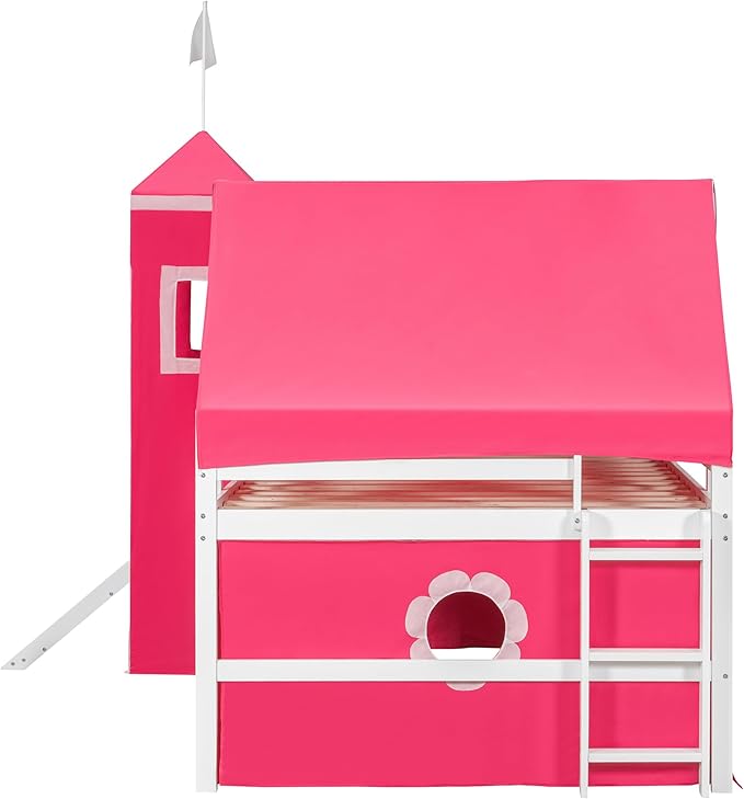 Polibi Full Size Castle Loft Bed with Slide & Pink Tent and Tower, Playhouse Design Spacious Under Bed Space with Curtains, Wood Tent Bed Frame for Kids Boys Girls(Pink,Full)