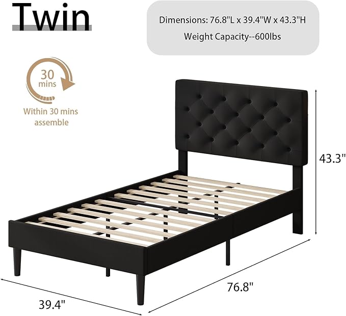 BarnFurin Twin Bed Frame, Upholstered Platform Bed with Button Tufted Headboard, Fabric Bed Frame with Wooden Slats Support, No Box Spring Required, Easy Assembly, Black