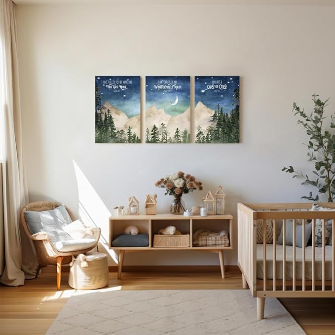 Nursery Scripture Wall Art, Set of 3 Nursery Bible Verse Wall Decor, Star Night Mountain Forest Wall Art, Nature Woodland Decor Canvas Prints, Inspirational Christian Kids Art, Framed 16"x24"