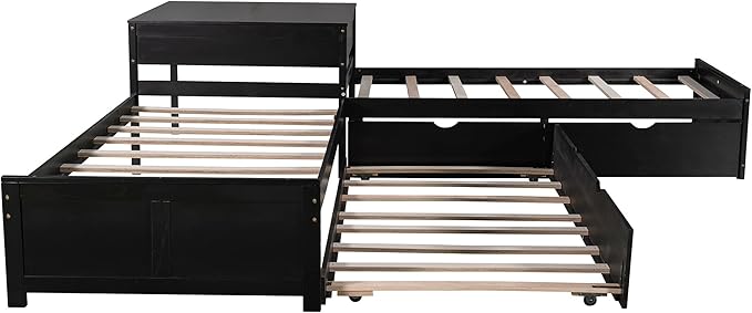 Harper & Bright Designs L-Shaped Platform Bed Frame with Trundle and Drawers Linked with Built-in Desk for Kids Boys Girls, Twin, Espresso