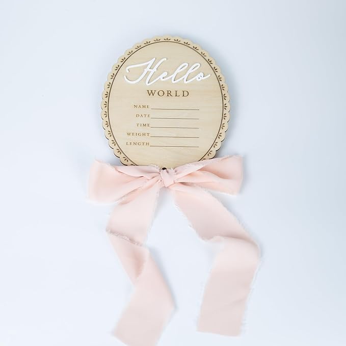 Baby Announcement Sign 6.5 Inch Wooden Hello World Newborn Welcome Sign Birth Name Plaques for Photo Props Shower Hospital Nursery (BOW CUT)